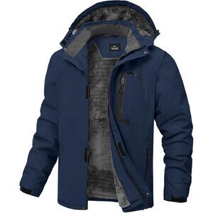 Men's Winter Navy Blue Jackets Waterproof Warm Fleece Ski Jacket with Hood